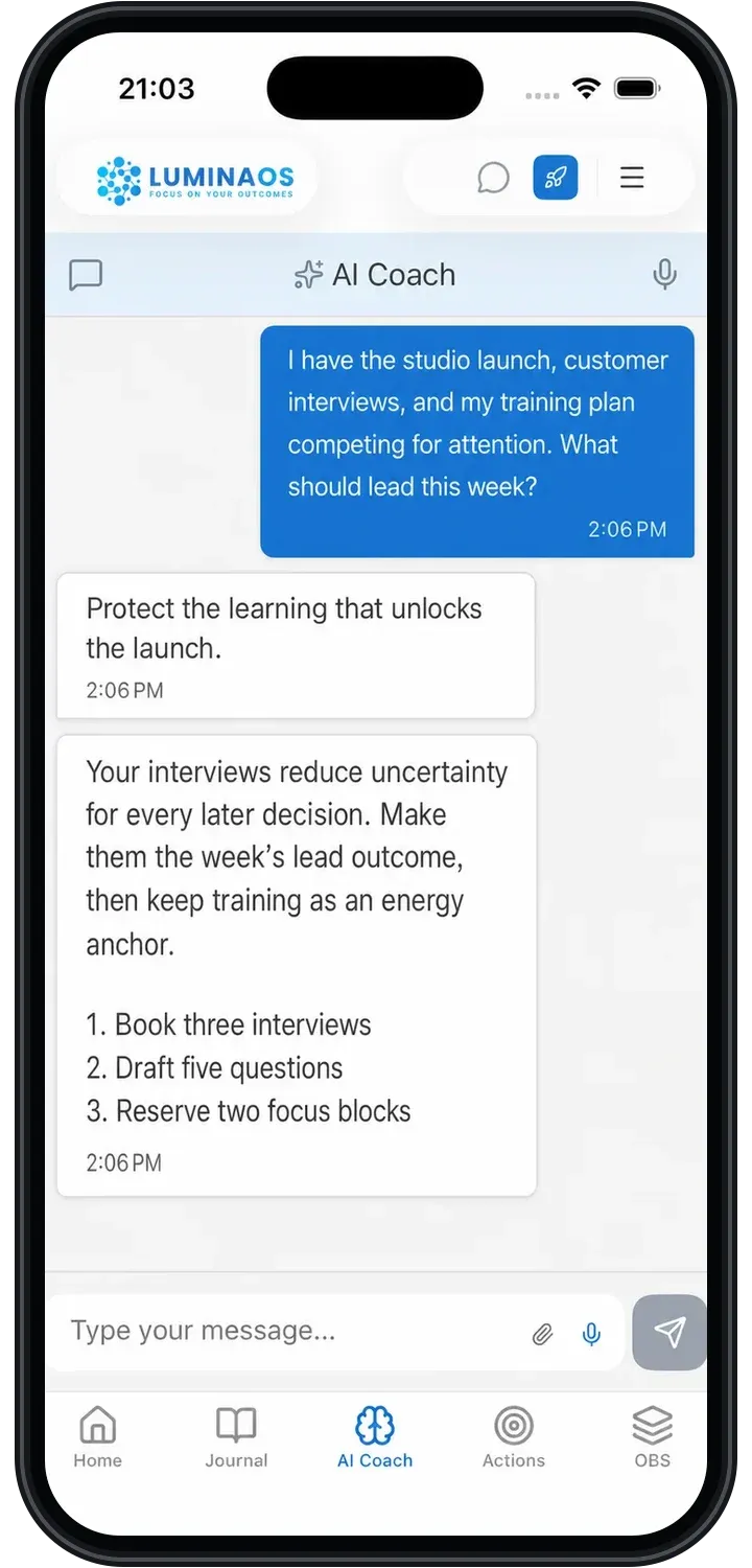 An anonymized real LuminaOS mobile AI Coach conversation
