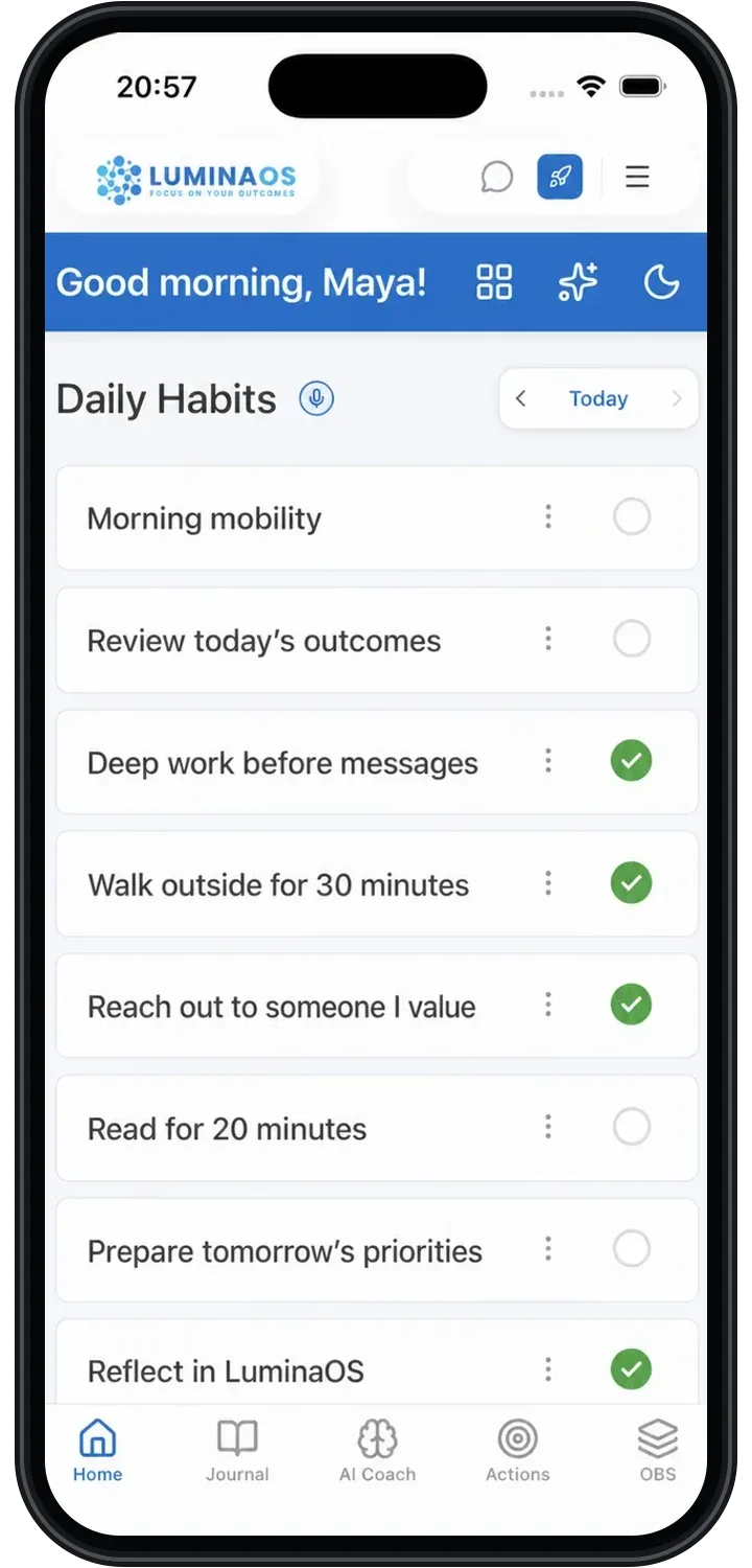 An anonymized real LuminaOS mobile dashboard showing daily habits