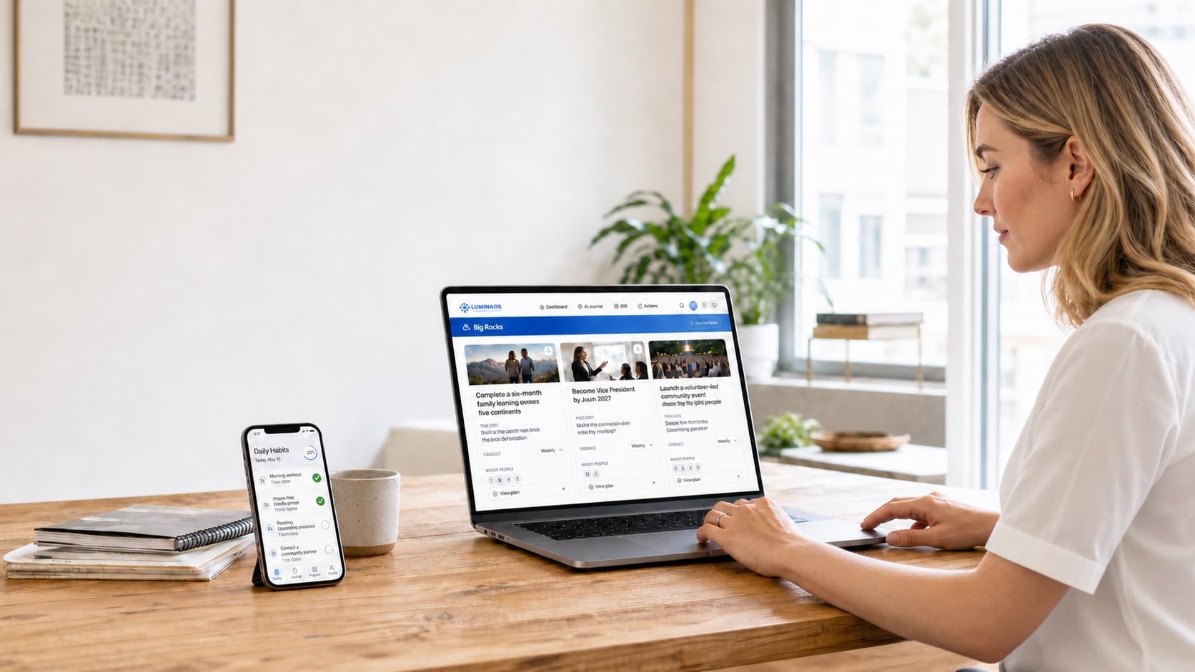 LuminaOS Big Rocks and Daily Habits displayed on a laptop and phone