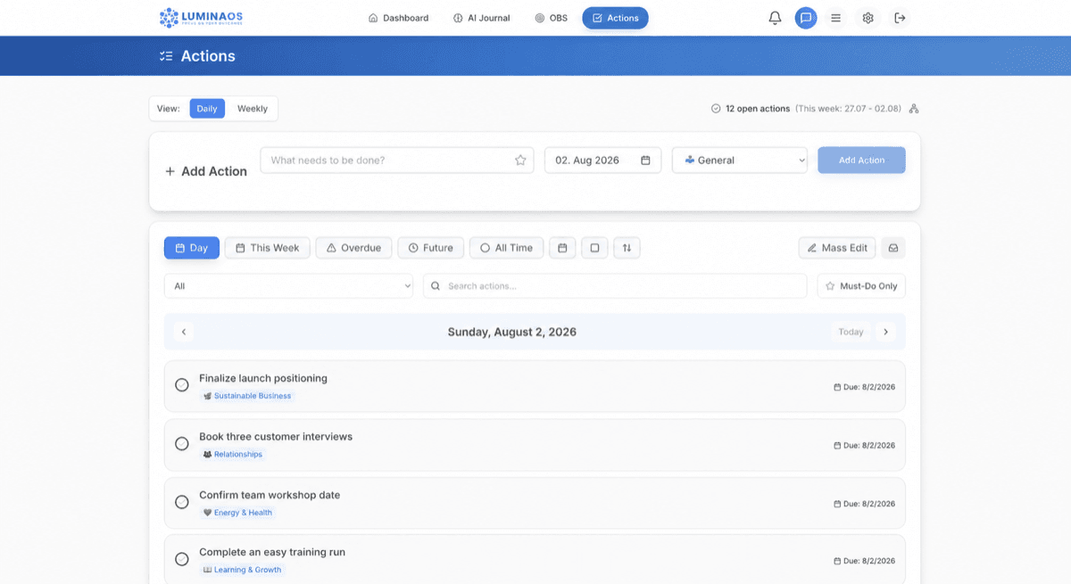 An anonymized LuminaOS Actions workspace
