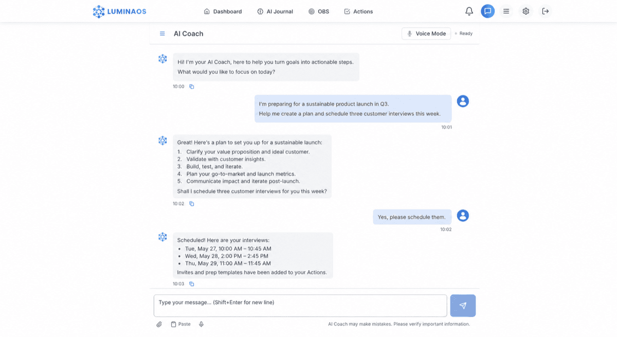 An anonymized LuminaOS AI Coach conversation about planning a product launch