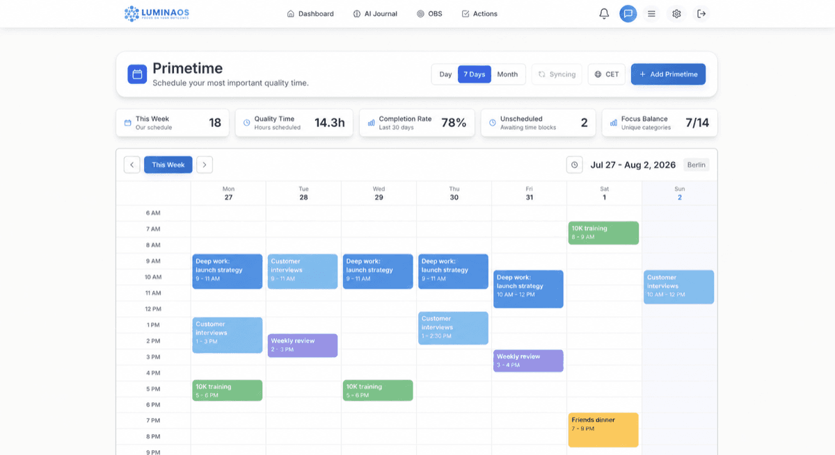 An anonymized LuminaOS Prime Time weekly calendar