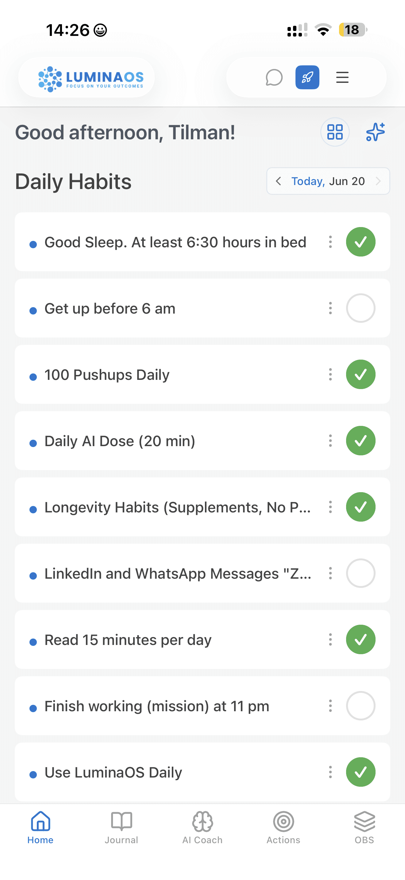 Daily habits LuminaOS app screenshot